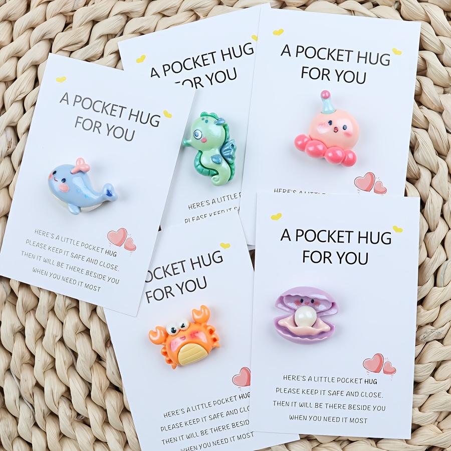 

5pcs Set Of Cute Marine Animal Pocket Hugs - Seahorse, Starfish, Jellyfish, Crab & Inspirational Greeting Card - Birthdays, Weddings, Valentine's Day & Home Decor