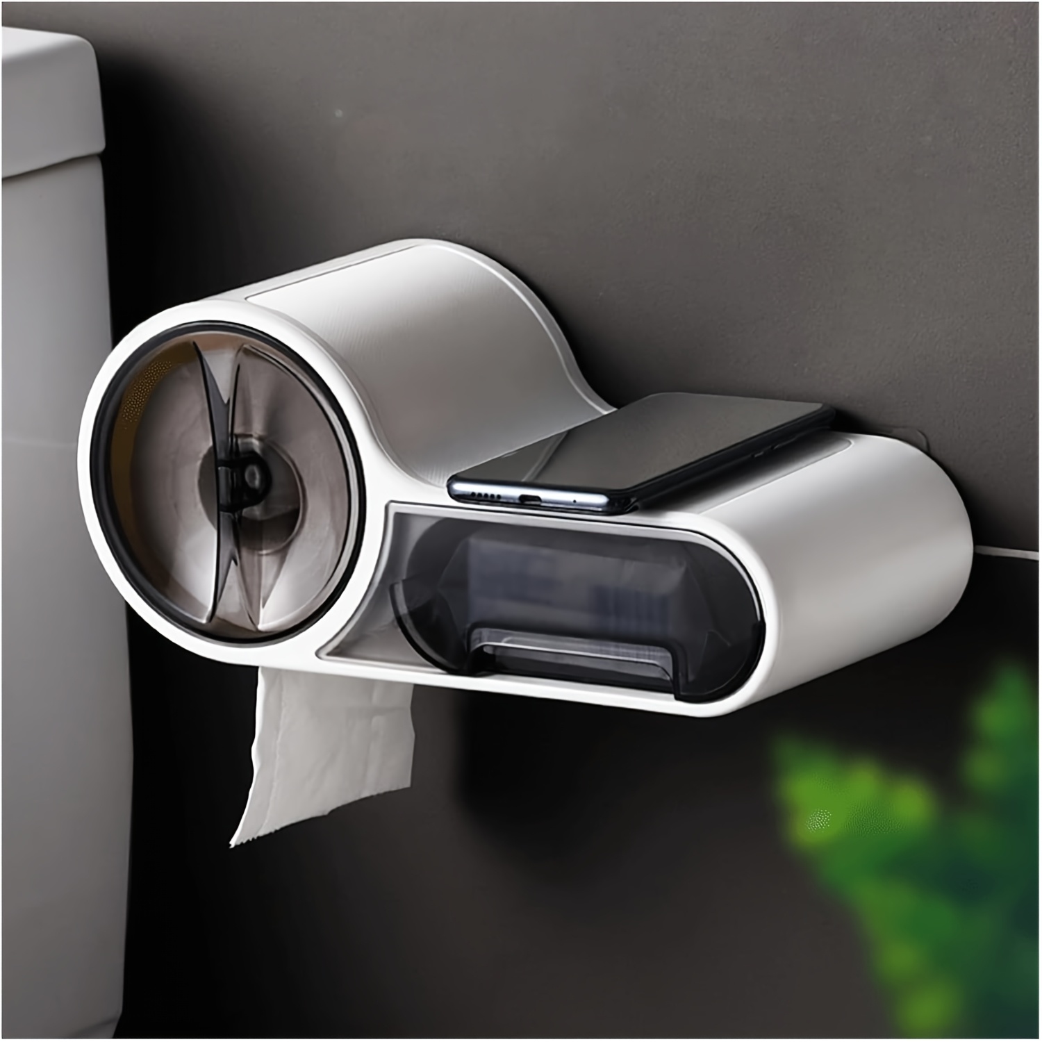 Image of 1 Set Black & White Elegant Toilet Paper Holder |, No Drilling Required, Multi-functional Wall-mounted, Round Shape