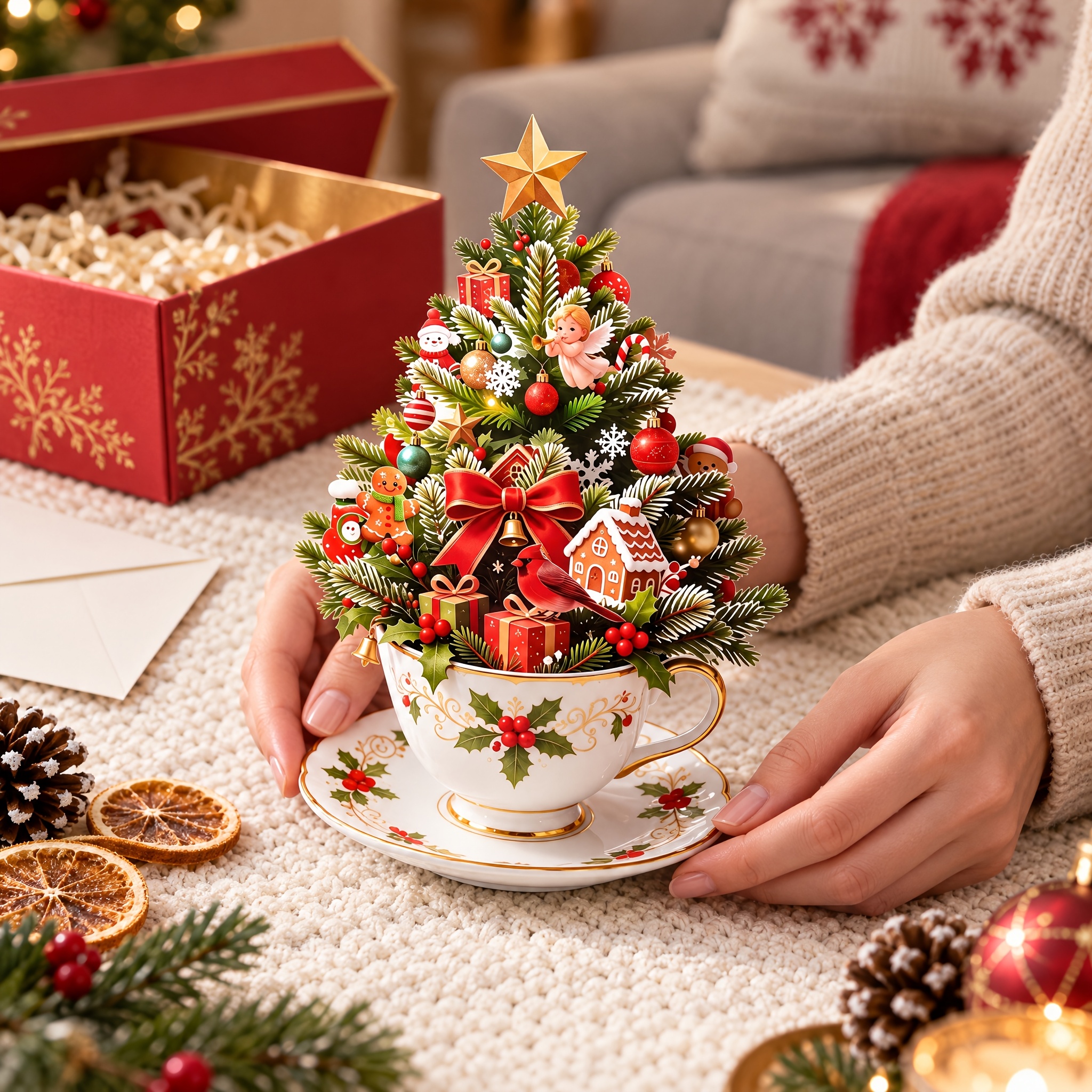 TEMU 1pc Mini Christmas Tree Teacup 3d Pop-up Greeting Card, Traditional Fully Decorated Tree With Gingerbread House, , Snowman, Santa Claus, Candy