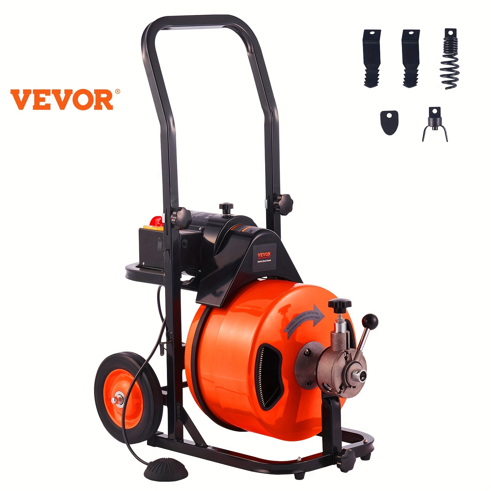 

Vevor Machine 100ft X 1/2inch, Auto Feed Sewer Snake Machine Auger With 4 Cutter & Air-activated Foot Switch For 1" To 4" Pipes, Orange, Black