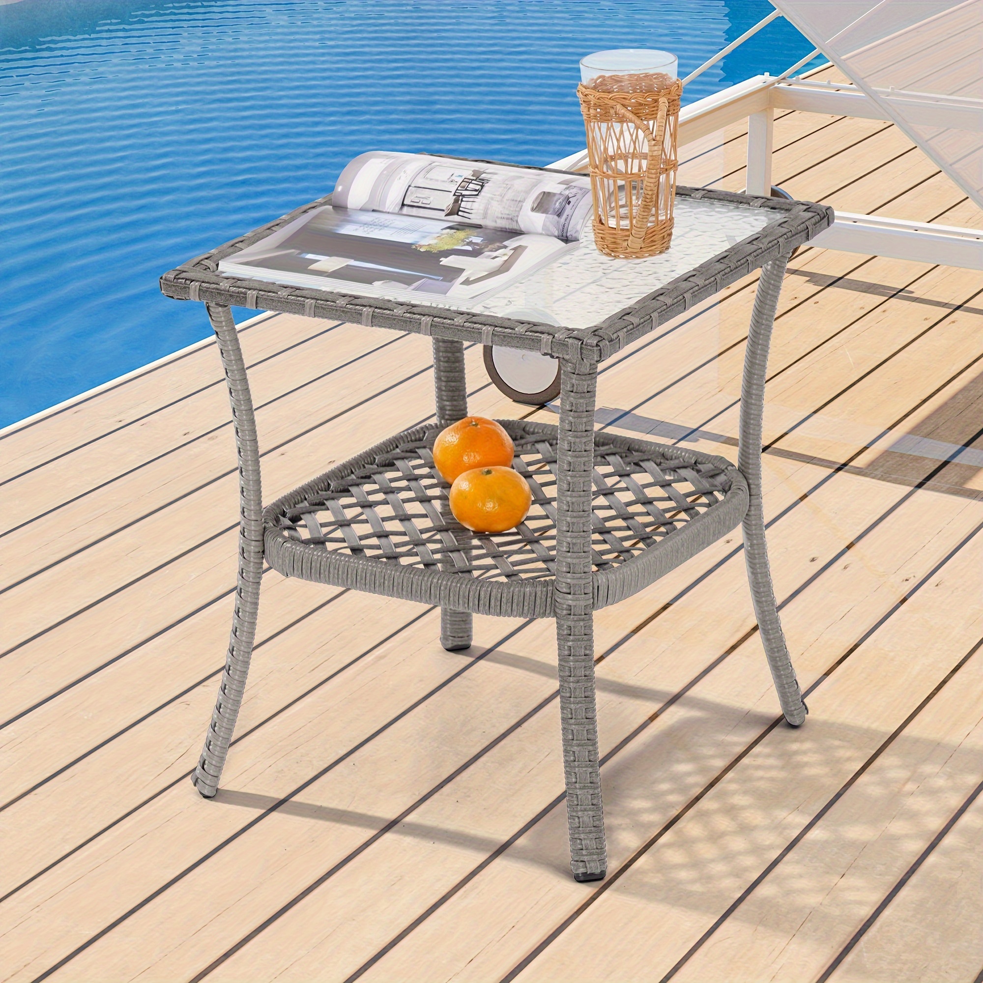 

Outdoor Brown/grey Pe Rattan Side Table, Water-corrugated Glass Tabletop Water-proof For Indoor And Outdoor