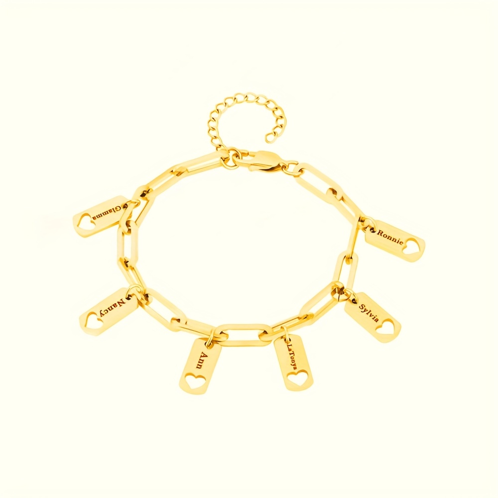 TEMU Women's Fashion Bracelet, Personalized Nameplate Bracelet With Hollow Heart And Small Square Pendant, Engravable With 1-6 English Names, Custom