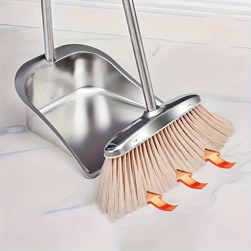 1 Set, Edelstahl Besen und Kehrschaufel Set, Robuster Kehrbesen mit langem Griff und Kehrschaufel, Winkliges Design für Eckreinigung, Bodenreinigungswerkzeuge, für Home Office Schule Studentenwohnheim