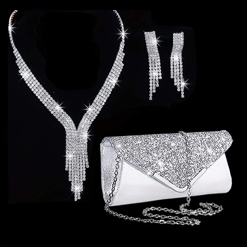 

Women's Fashionable And Elegant Sequined Handbag, Evening Bag, Chain Single Shoulder Bag, Tassel Decorative Necklace And Earrings, 3pcs Set