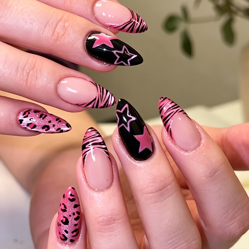 TEMU 10pcs Y2k Cat Eye's Nails Almond Press On Acrylic Nails Medium Surface Glossy Pink Glitter Gel Nails Tips With Zebra-stripe Leopard Star Luxury