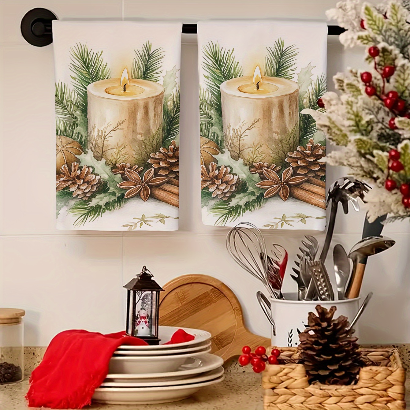 

2pcs Contemporary Polyester Christmas Fingertip Towels - Quick-drying, Fade-resistant Oblong Towels With Cartoon Candle And Pattern For Kitchen And Bathroom, /㎡ Knit Fabric, Holiday Decor