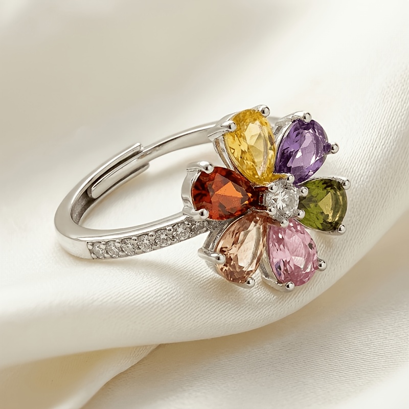 TEMU 1pc Boho Colorful Cubic 3a Zirconia Flower Adjustable High-end Ring For Women Birthday Party Gift Fashion Jewelry