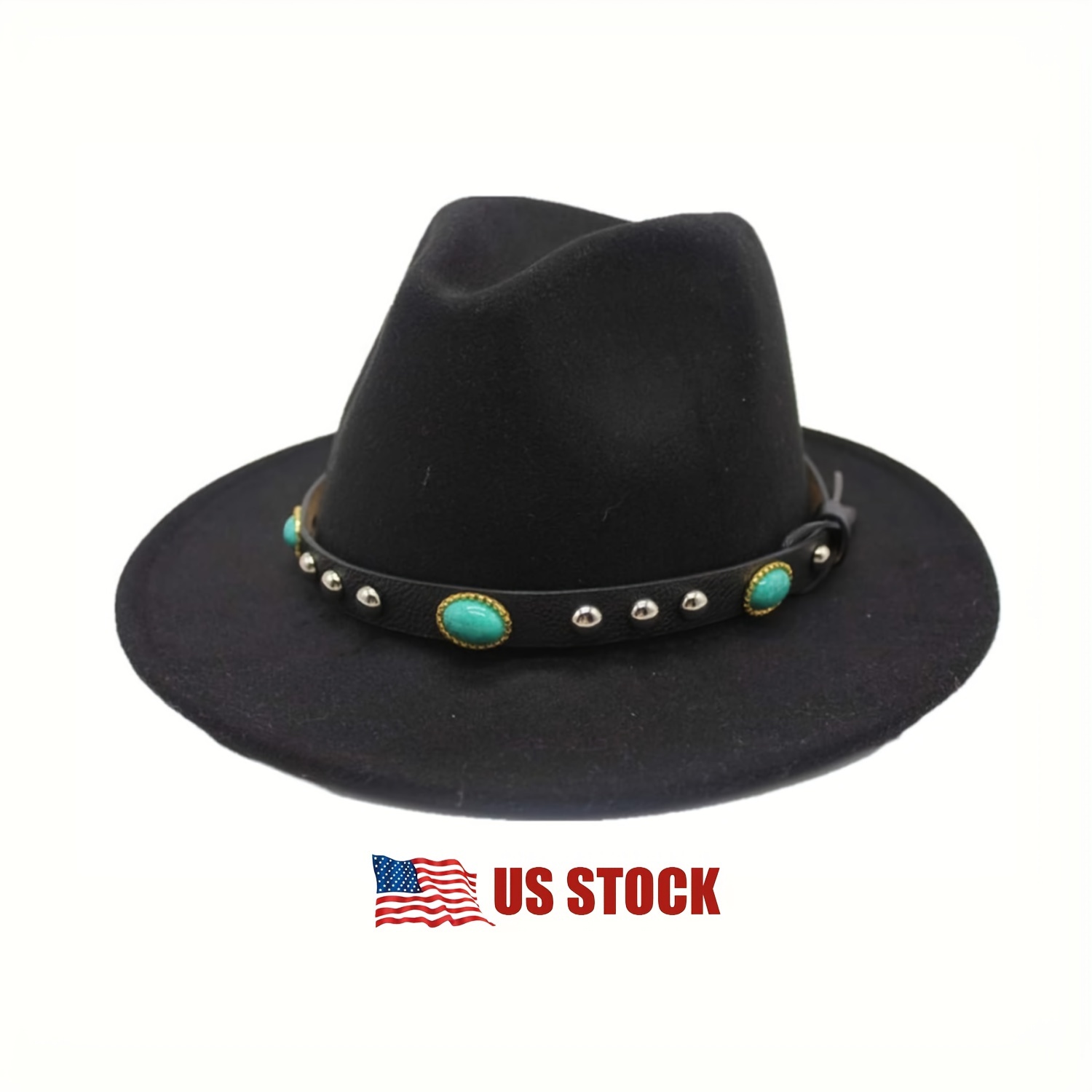 

Fashion Western Fedora Hat With Roll Up Brim Felt Black Feather Artificial Stone