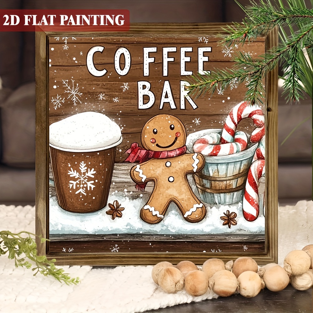 TEMU 2d Flat, 1pc Rustic Farmhouse Coffee Bar Sign - Vintage Coffee Cup & Gingerbread For Man Design - Recycled Wood Wall Decor - With Corners - For