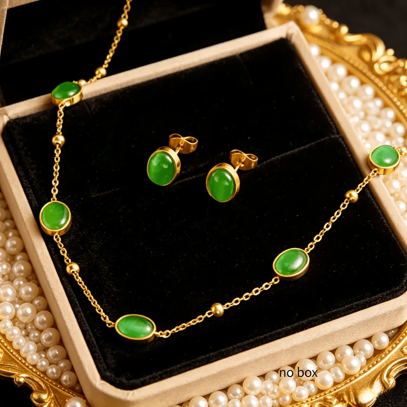 TEMU Parure de bijoux pour femme en acier inoxydable 304, ensemble collier, boucles d'oreilles et bracelet à chaîne avec accessoire géométrique ovale