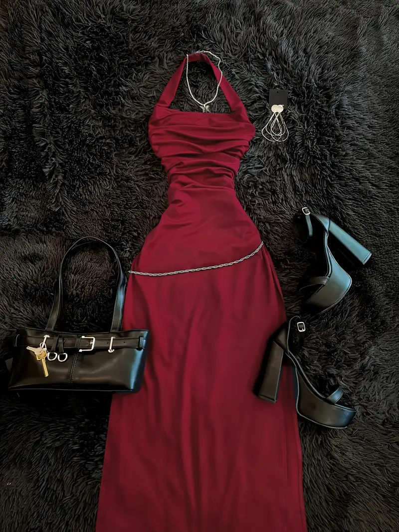 halter neck christmas party dress white christmas dresses Trendy, Chic Women's Clothing Boutique Lalavon Holiday Party Dress for Women, Red, Adjustable