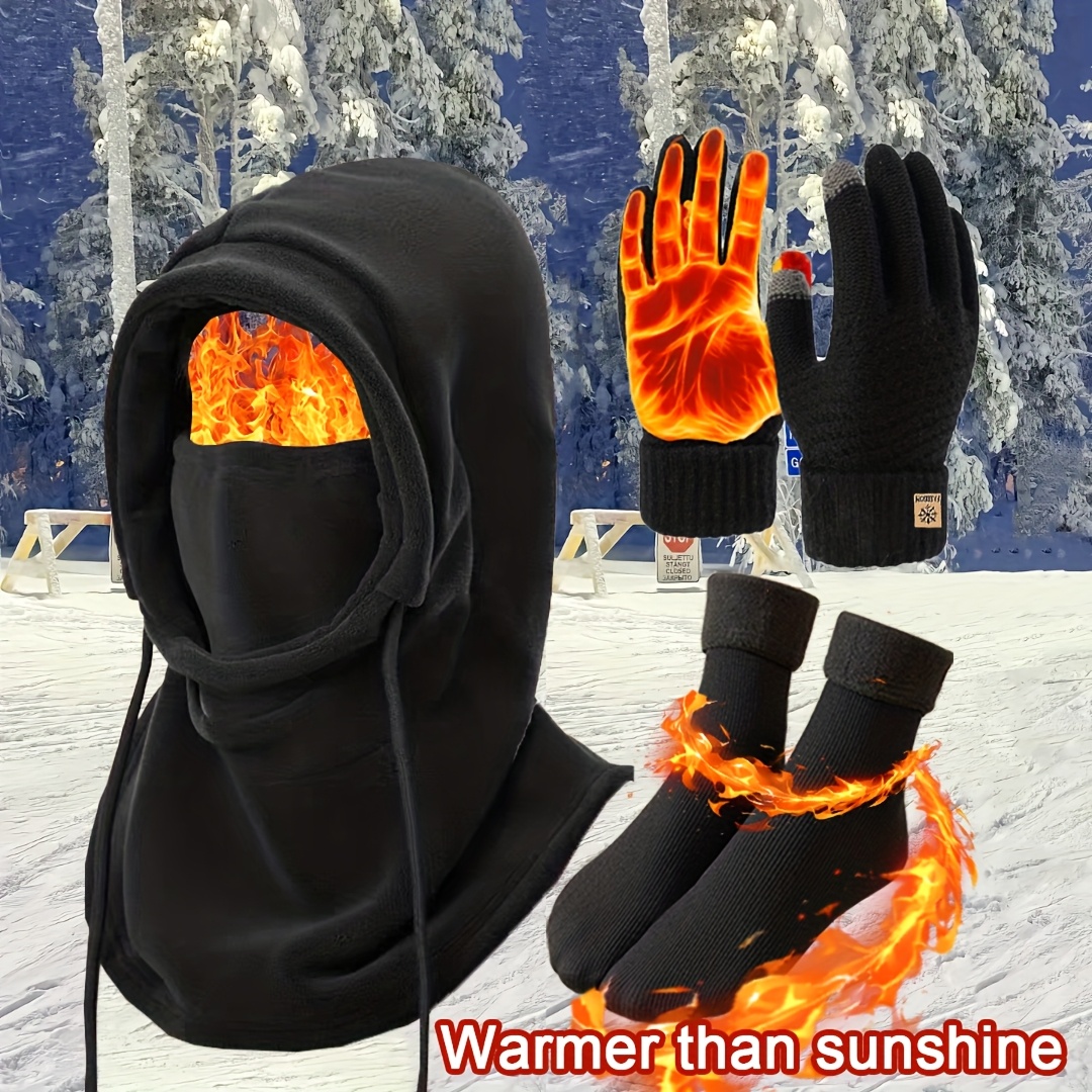 3pcs Winter Hat Hood Scarf Gloves Warm Socks Set