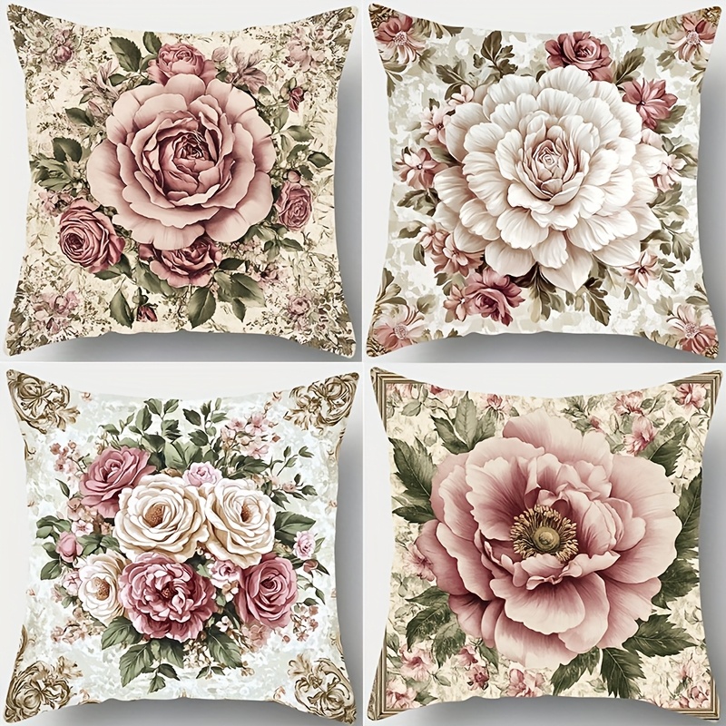 TEMU 4pcs, Printed With Exquisite Floral Patterns, Pink And White Flowers, With Green Leaves, Retro Style Pattern, 17.72 * 17.72 Inches, Suitable For