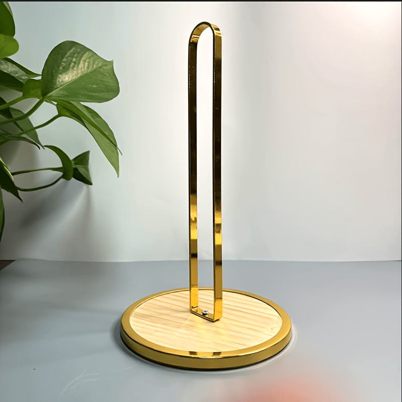 Image of 1pc Golden Wrought Countertop Tissue Holder, Suitable For Kitchen Countertops, Stable Upright Roll Holder With Metal Wood Base, Compatible With Paper Towel Rolls