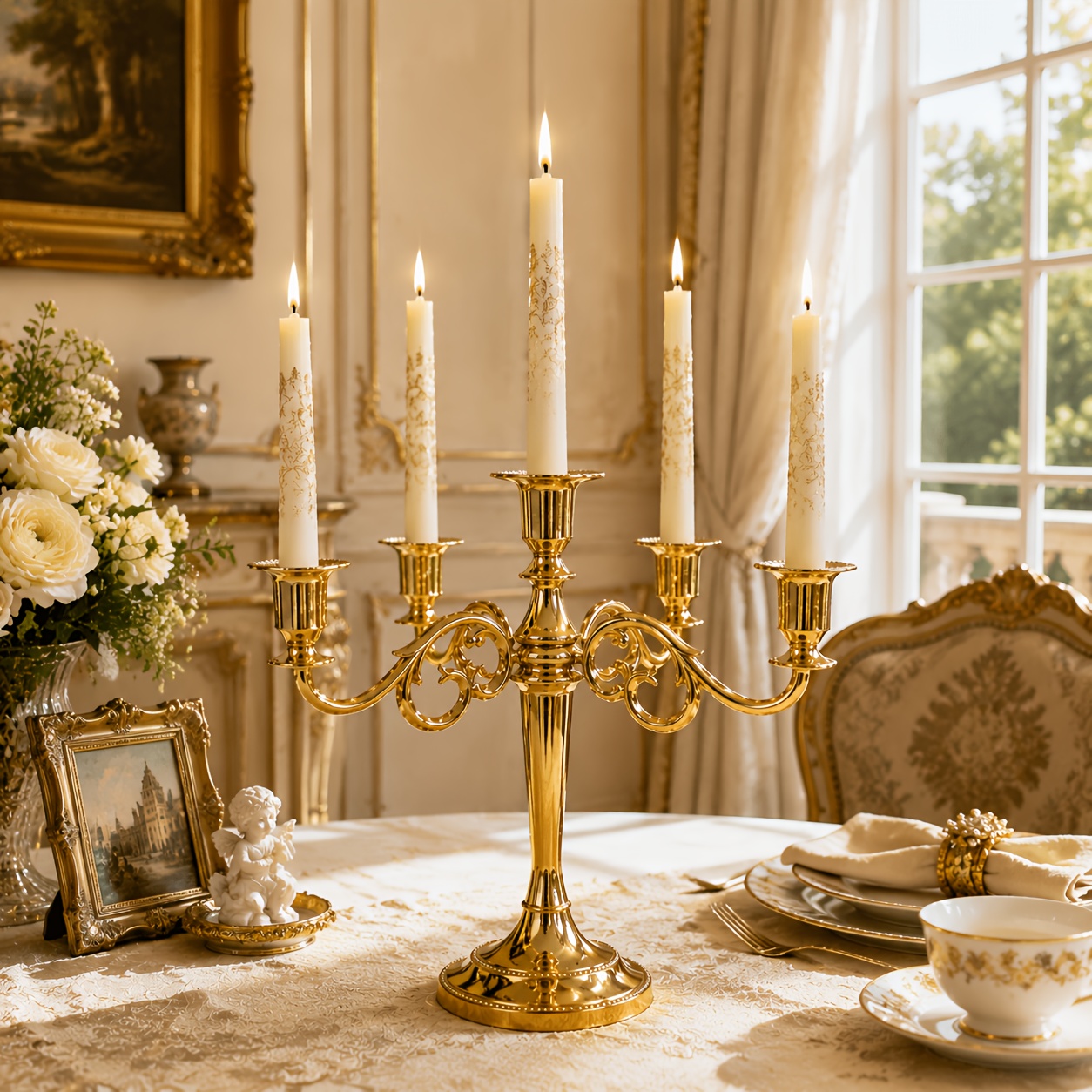 TEMU 5 Golden Candelabra Candle Holder, Vintage European Metal Candlestick Stand, Elegant Golden Taper Candle Centerpiece For Wedding Table, Banquet,