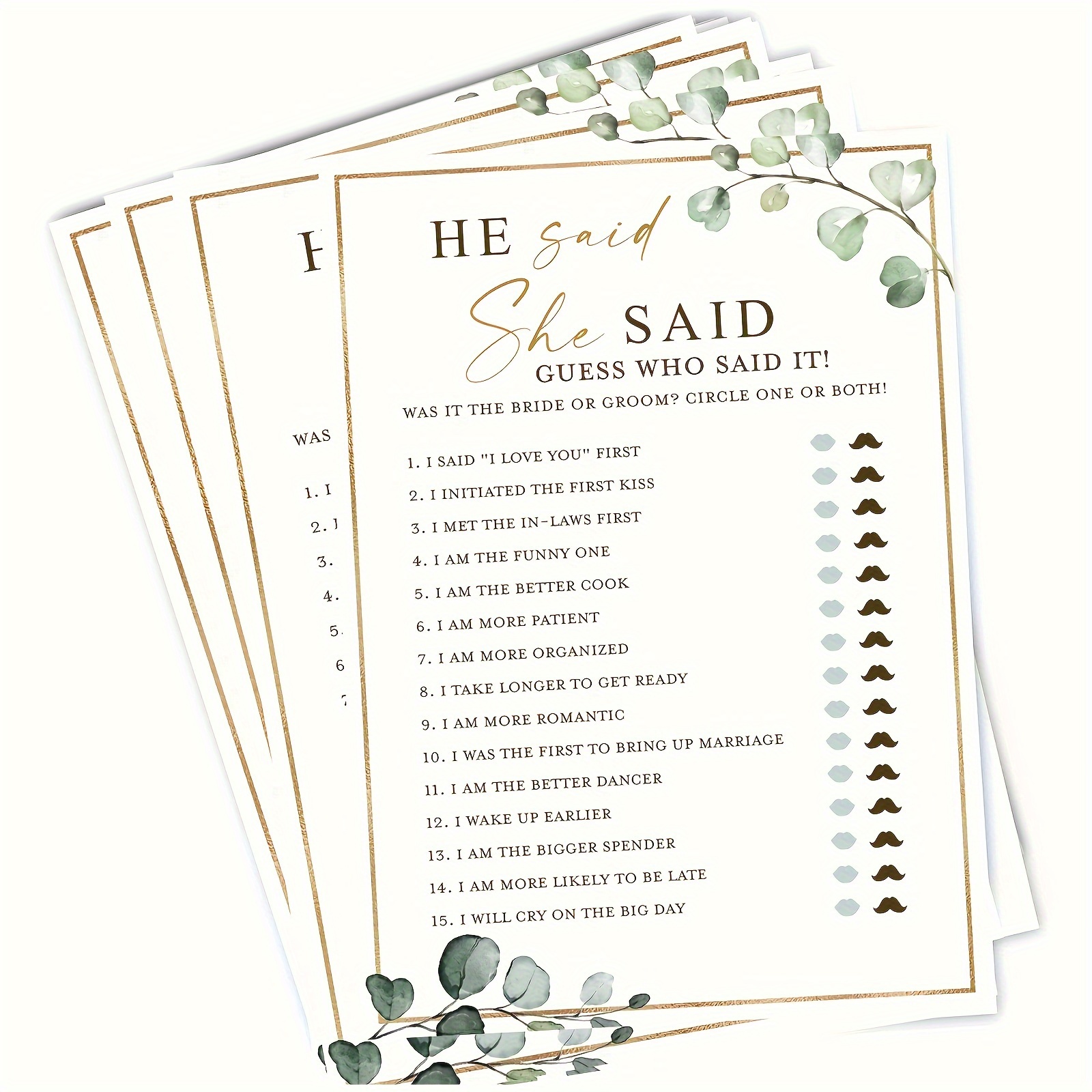 

20 Pcs He Said She Said Game Cards: Bridal Shower, Bachelorette, Wedding Party Games - 5x7in, Decorative, Paper, Age 14+, No Feathers