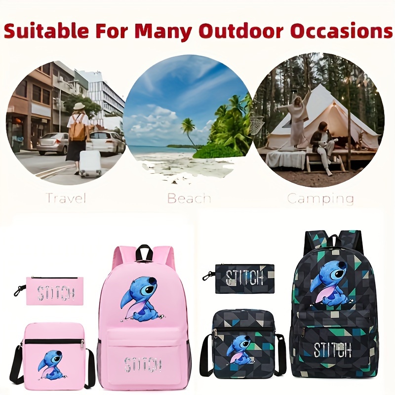 

3pcs Disney Cartoon Stitch Pattern Backpack Set, Versatile Stylish Zipper Backpack With Lunch Box Bag & Zipper Carry All Pouch