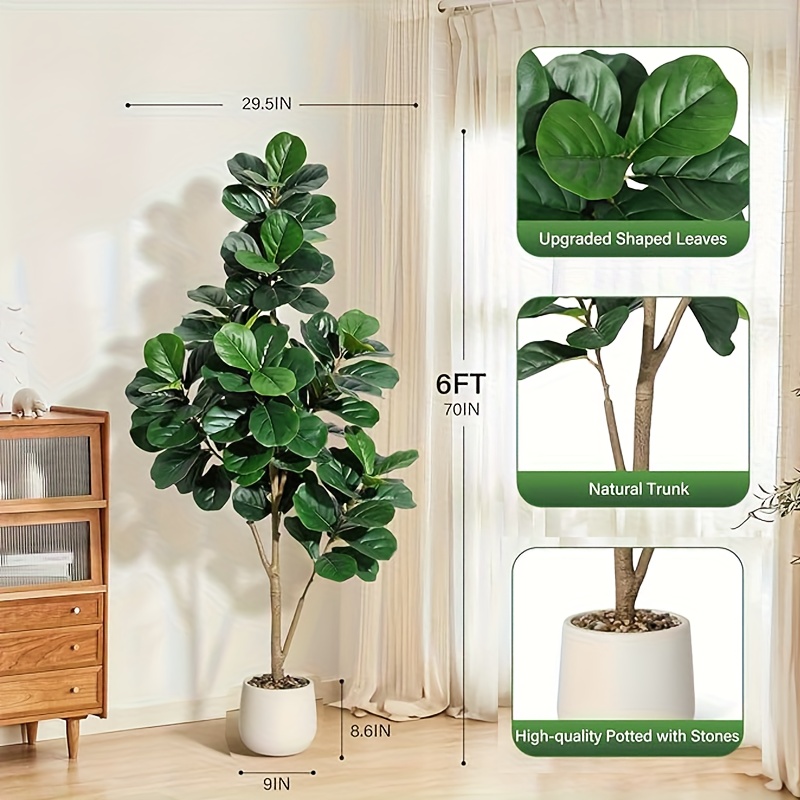 TEMU Large Artificial Fiddle Leaf With Realistic Green Foliage - Silk/plastic Fake Plant In White Pot With Black Gravel & Moss Base, Self-sustaining