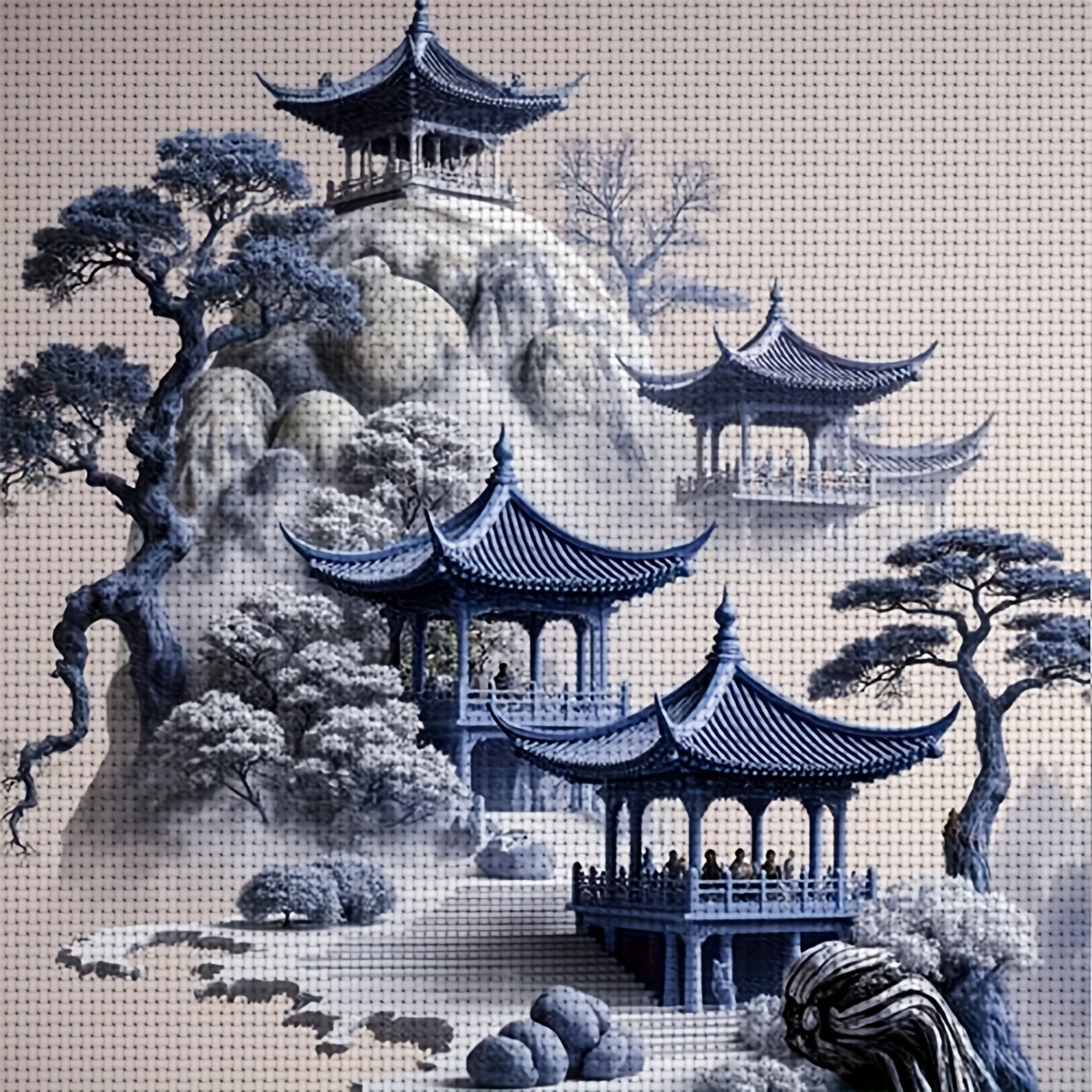 TEMU 1 kit d'impression de broderie point de croix DIY, cadre, motif "Pavillon chinois et paysage en ", parfait pour un moment de détente pour