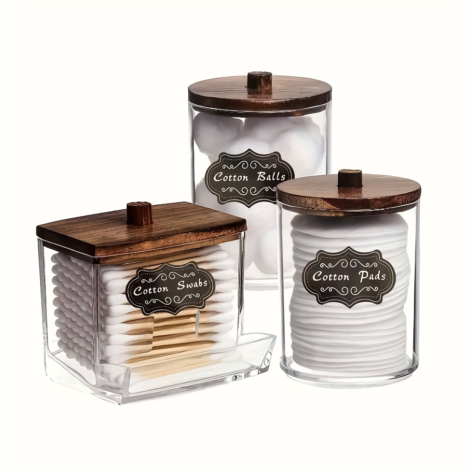 Image of 3pcs Swab Holder Bathroom Container, Storage Box , 10/7 Oz Ball/ Swab Dispenser, Brown Wood Lid Storage Jar, Storage Supplies