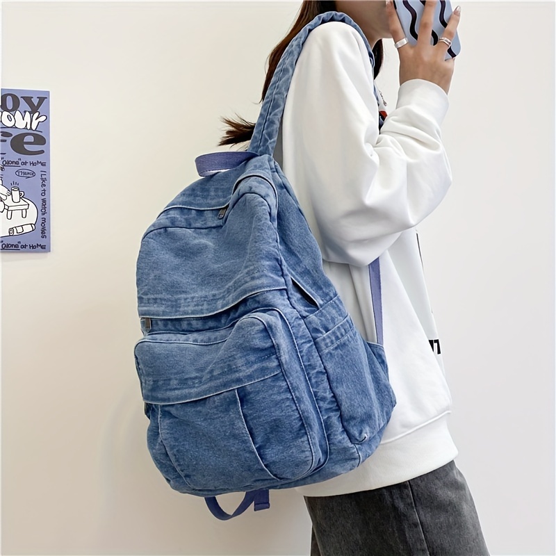 

Vintage Denim Backpack, Large Capacity, Multi-pocket, Casual Unisex School Bag, Street Style, Trendy College Backpack