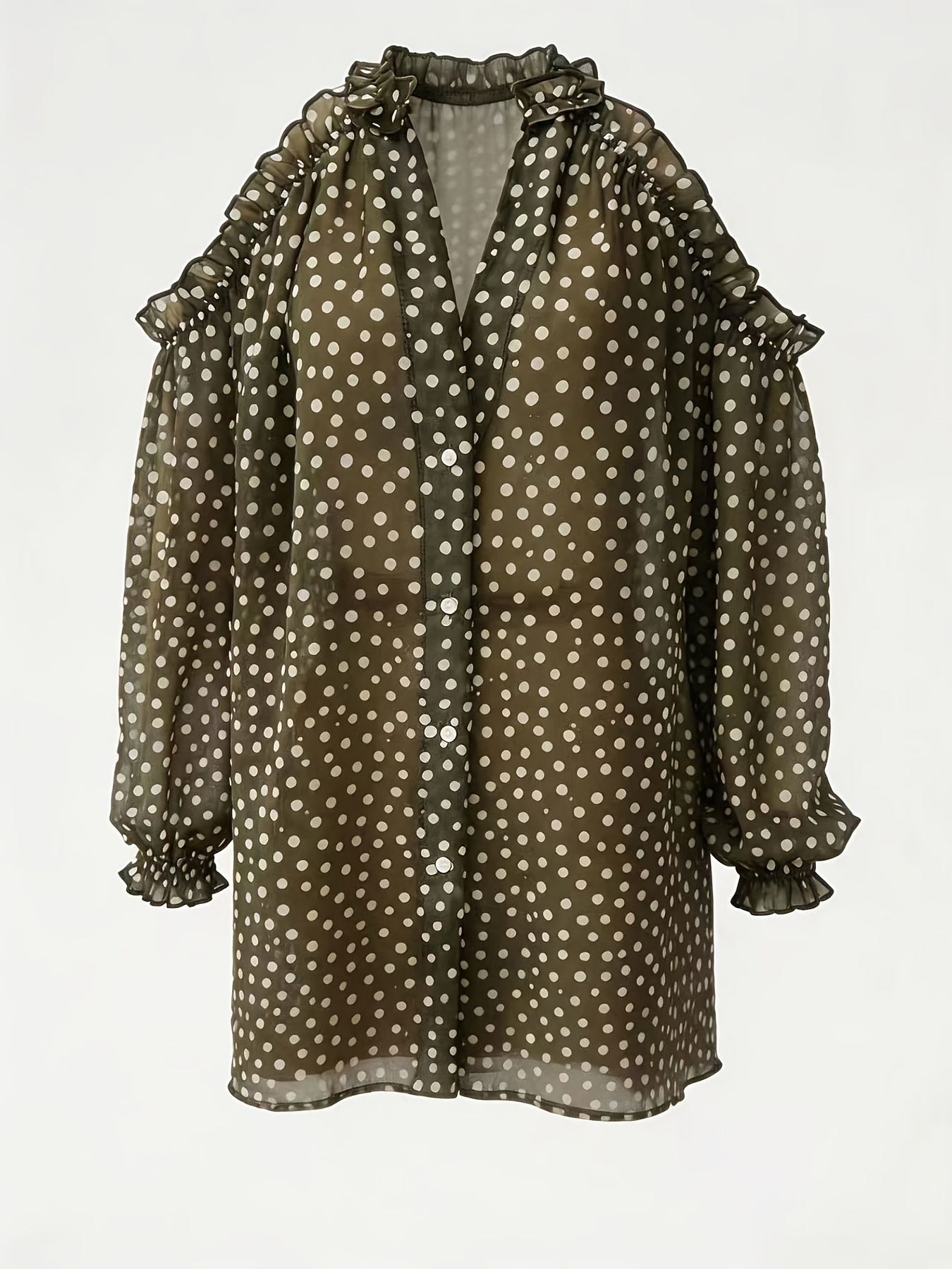 green polka dot shoulder mini chiffon dress ruffle neckline