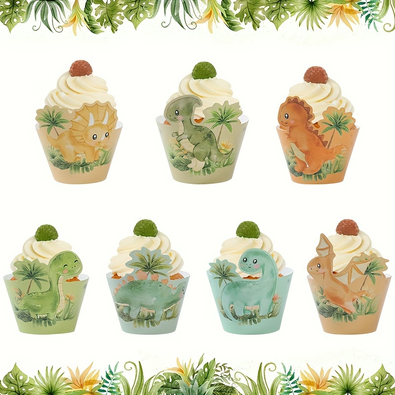 

7pcs Dinosaur Cupcake Wrappers, Paper Cake Wrapper, Green Forest Jungle Dino Happy Birthday Party Decorations, Dinosaur Safari 1st Birthday Supplies