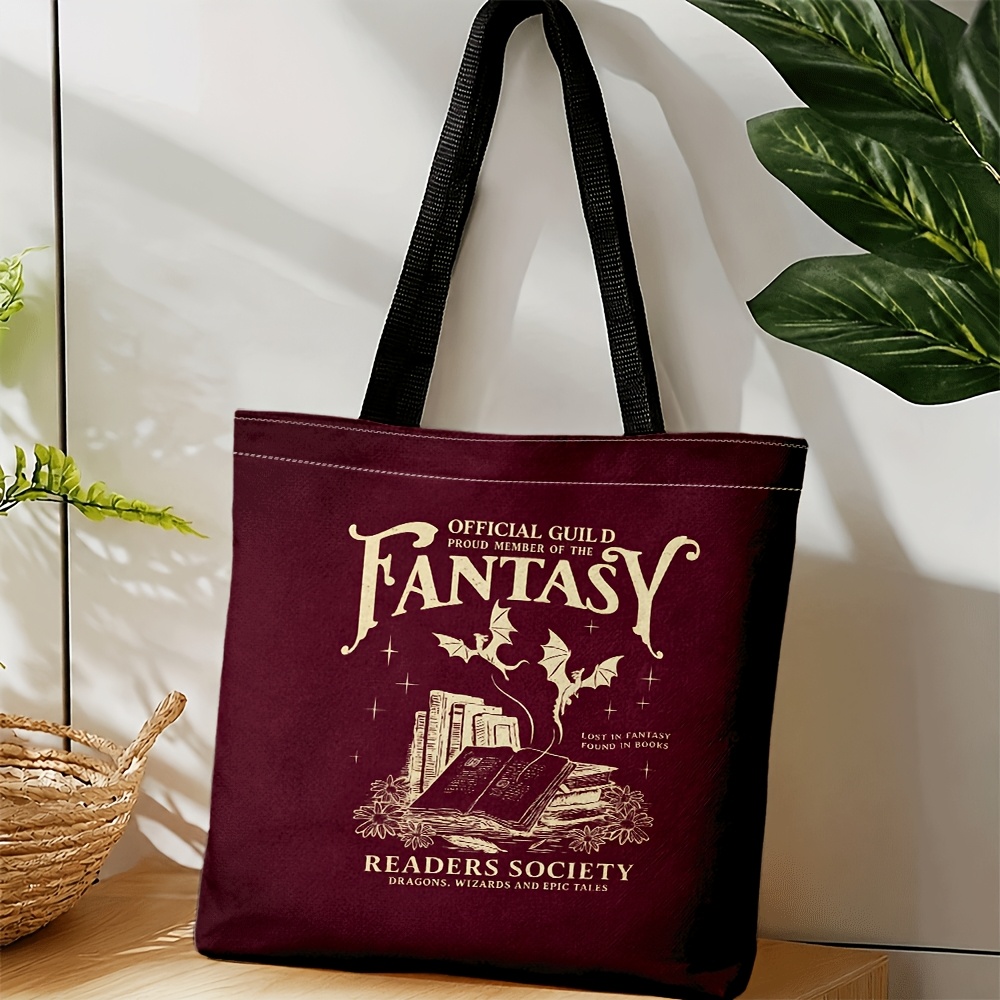 TEMU Women's Crossbody Tote Bag In Deep Burgundy, Vintage Fantasy Print With Books, Dragon Wings, And Stars, Ideal For Book Lovers' Daily Use And