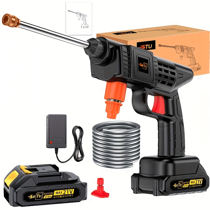 TEMU Cordless Pressure Washer, Household Car Wash Water Gun, Portable Pressure Washer, Connect Nozzle Hose Connector, Battery And Charger. Power