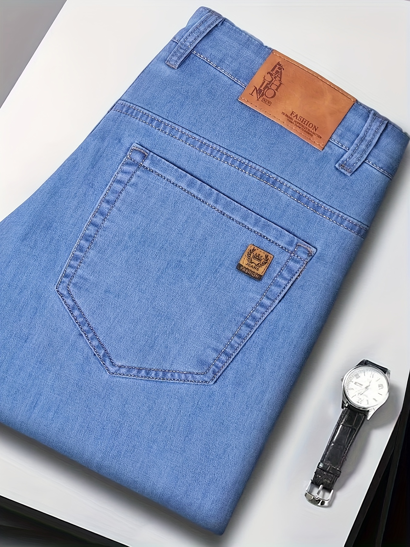 pantalones vaqueros casuales de corte tradicional para hombre -   lavable, conjunto adaptado de color  , diseño de pierna  