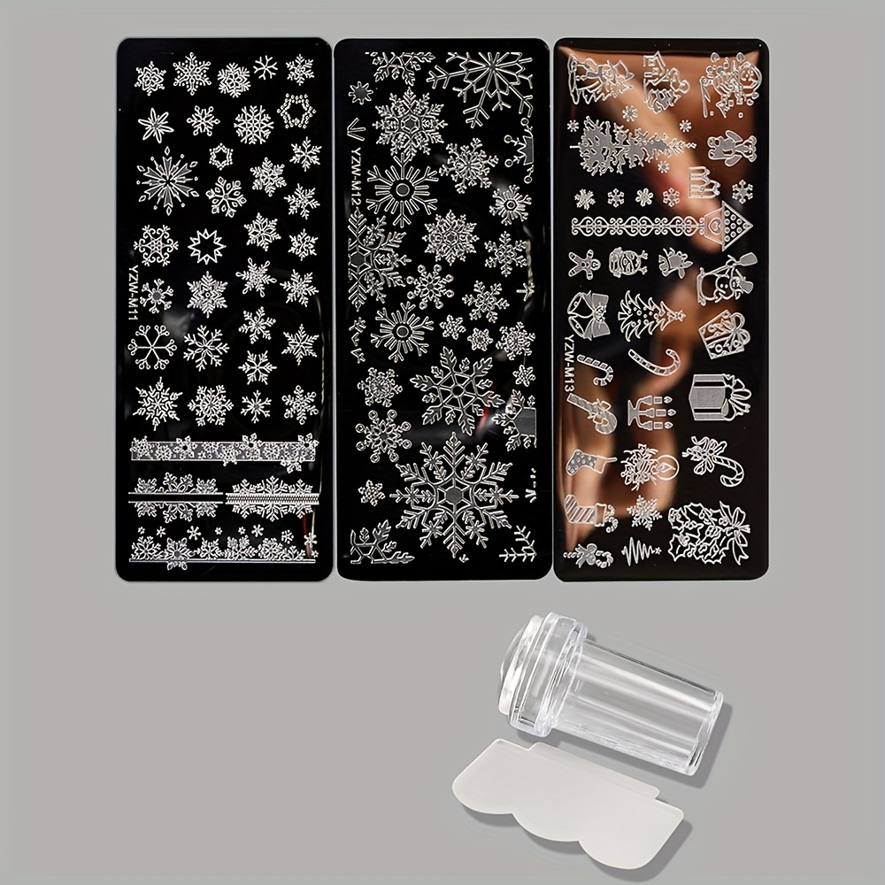 4pcs Set Nail Plates And Stamper Scraper, Christmas Snowflake Snowman Christmas Gift Box, Nail Template Nail Polish Transfer Tool