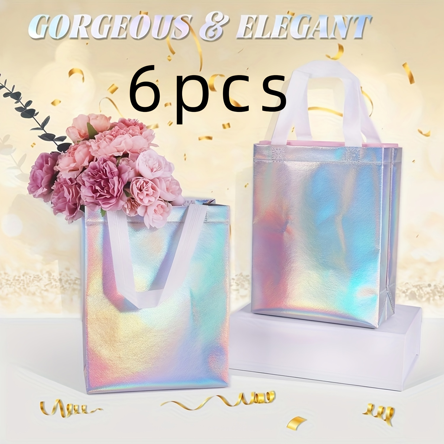Image of Reusable Iridescent Full-image Gift Bag With Sturdy Handle - Medium Rainbow Reflective Shiny Handbag, Suitable For Birthdays, Weddings, Christmas, And Parties - Durable Non-woven, High- Gift Solution