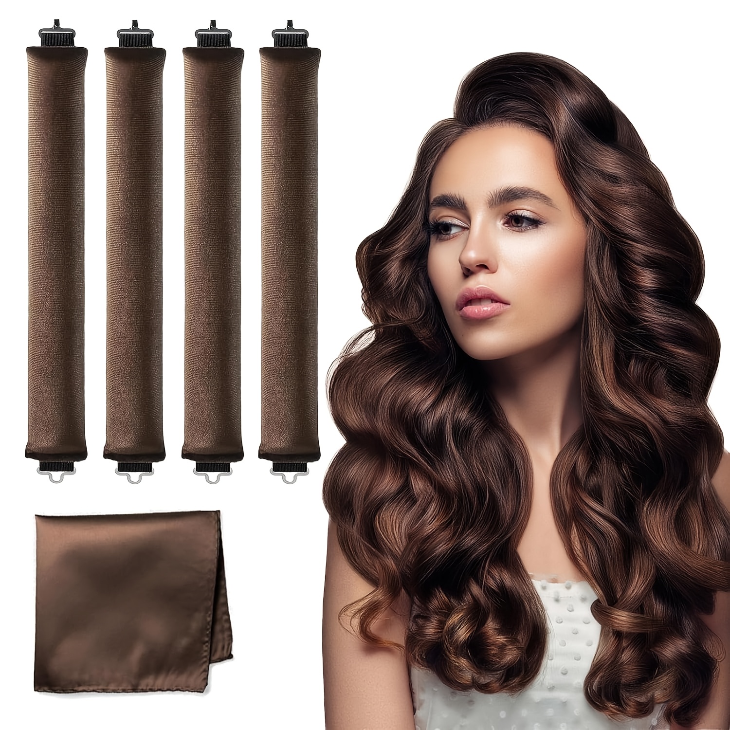 Image of Heatless Hair Curler Velvet, Heatless Curls Overnight Hair Curlers To Sleep In, Overnight Rods Heatless Curls For Short Long Hair All Hair Types Styling Tools-5pcs Brown