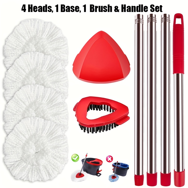 TEMU 1-tank Spin Mop System Replacement Heads, Handle, Base And Brush - 4 Packs Washable Microfiber Mop Heads, 4-section Stainless Mop Handle, 1 Mop
