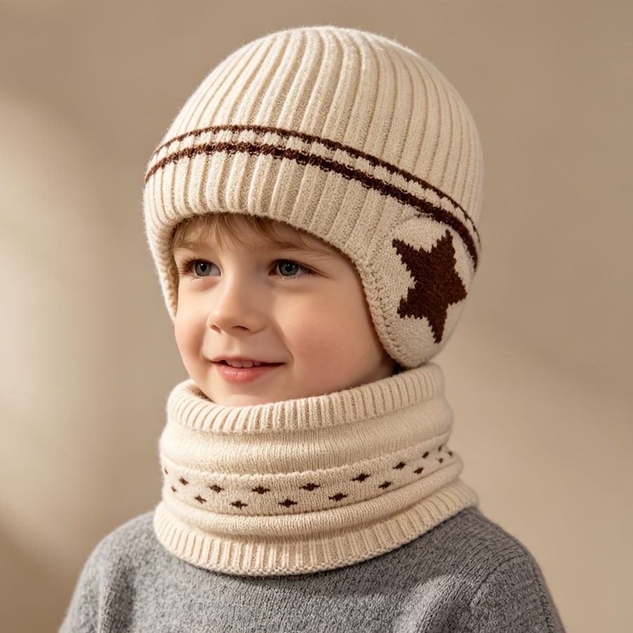 Image of 2pcs Set Of Hats, Winter Thick Warm Ear-warming Hats For Boys, Scarf Set, Pullover Hat, Suitable For Daily , Suitable For Children Aged 3-6 Years