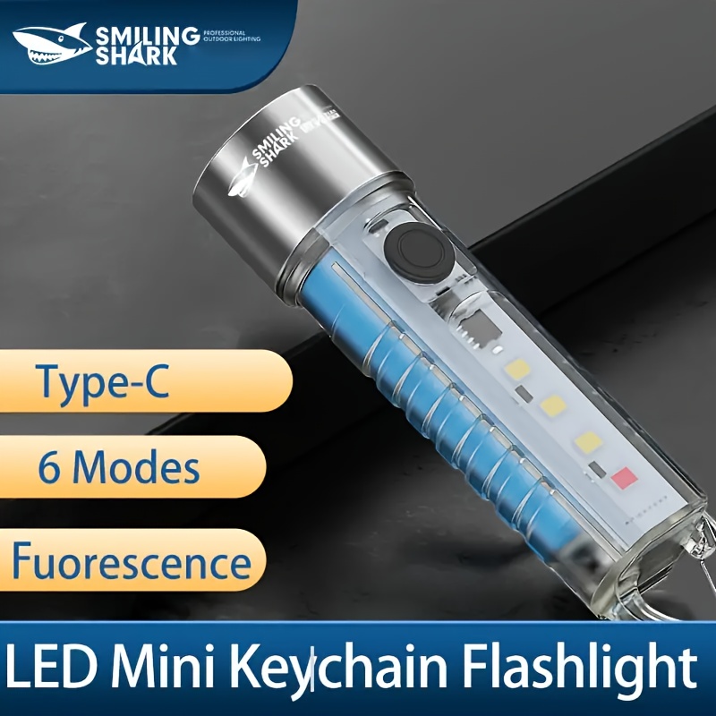 

Smiling Shark Mini Keychain Flashlight: Portable, 6 , Usb Rechargeable, Type-c, 1w Led, 150 , Water Resistant, 600mah Battery, Outdoor Activities