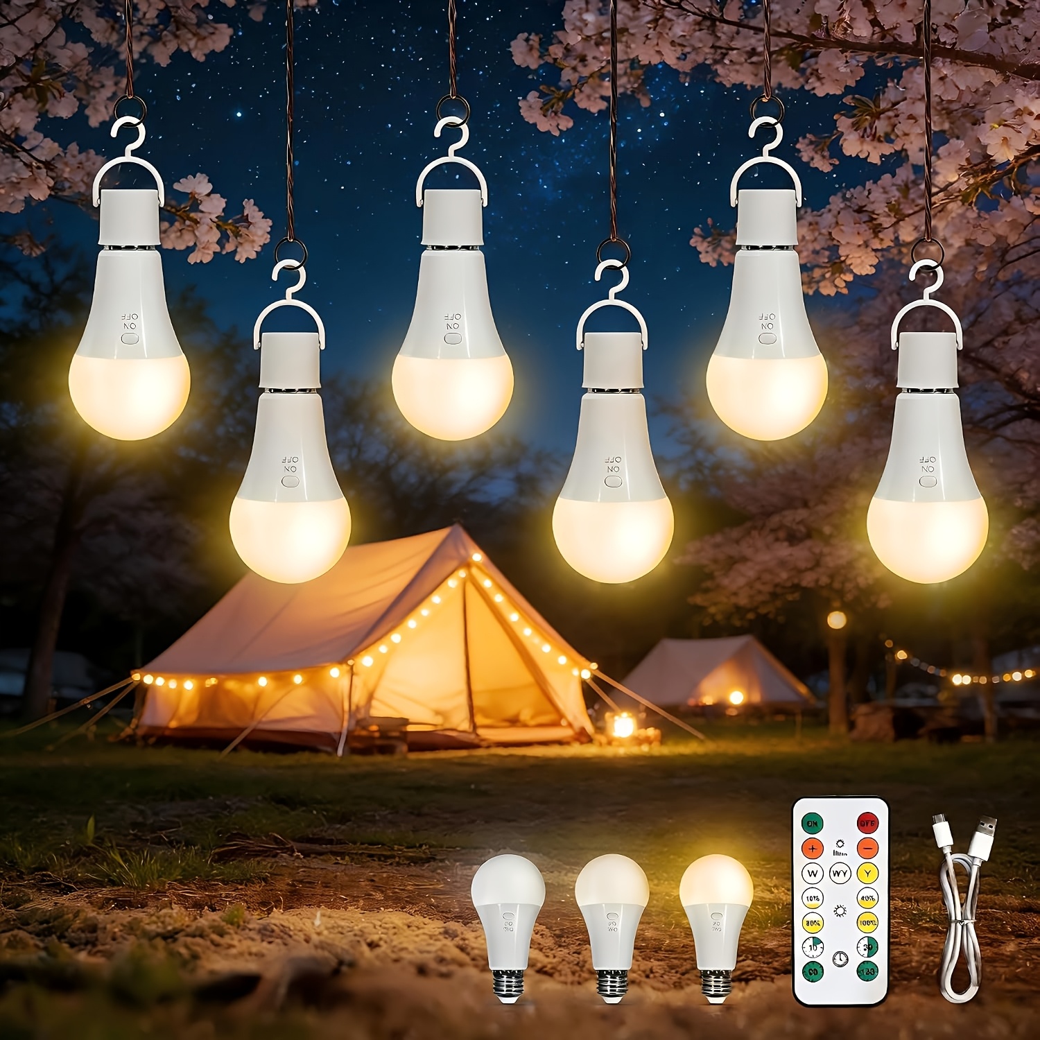 Kimjo 7w E27 Rechargeable Bulb With Battery, 3 Colors, Pack Of 6 | Rechargeable Bulb With Remote Control, Camping Lamp, Battery Lamp With Hook, Usb, Dimmable, Button Control