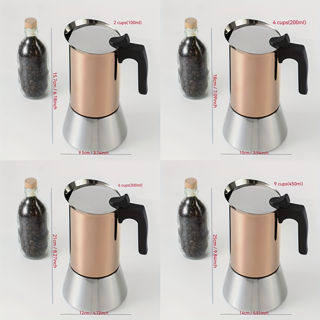 Rose Gold-Plated Italian Espresso Maker, 2/4/6/9-Cup Capacity