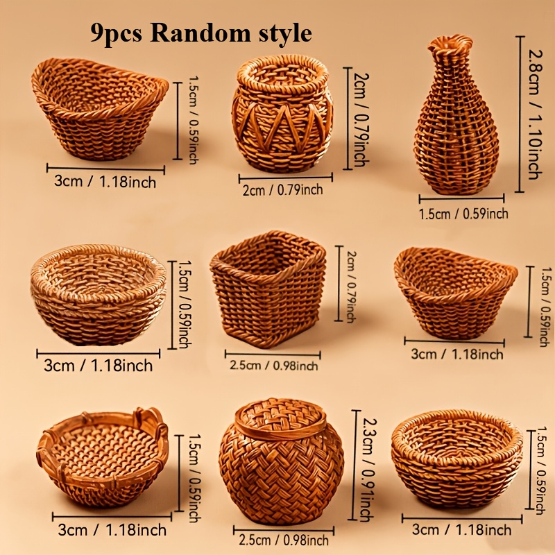 TEMU 9pcs Random Style Miniature Woven Basket Models, Woven Basket , Micro Landscape Scenery Decorations, Micro Scene Model Dollhouse Basket Model,