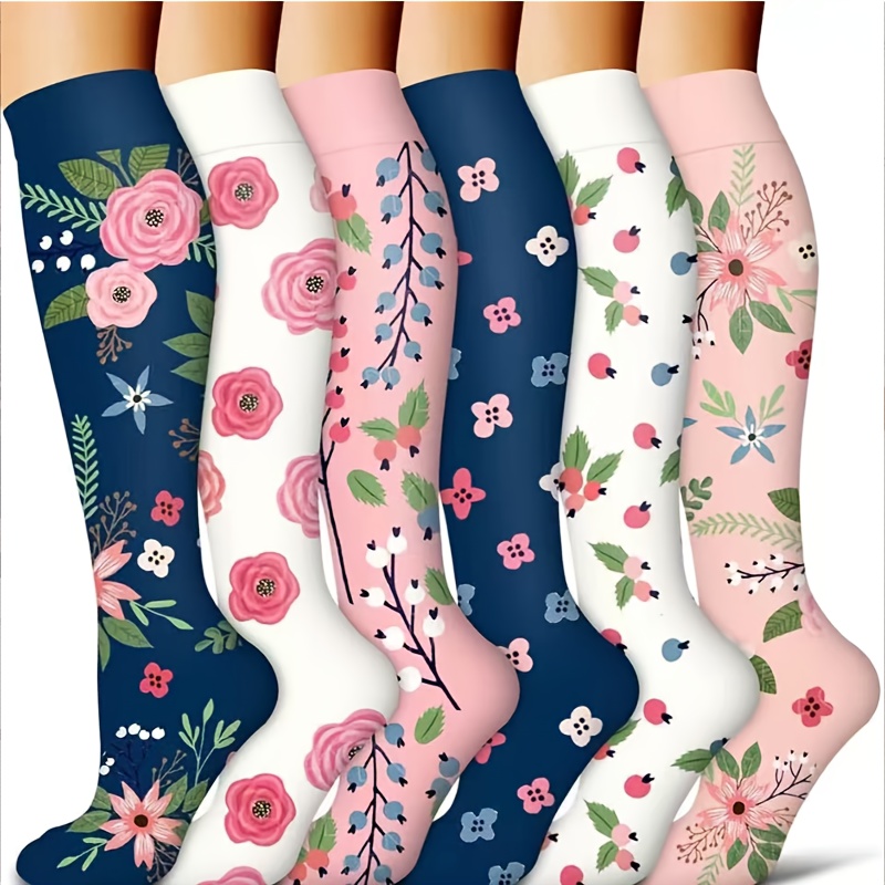 TEMU 6 Pairs Of Unisex Compression Socks With Floral Pattern Breathable Knee-high Socks For Running, Fitness, Jump Rope, Cycling, And Other Sports