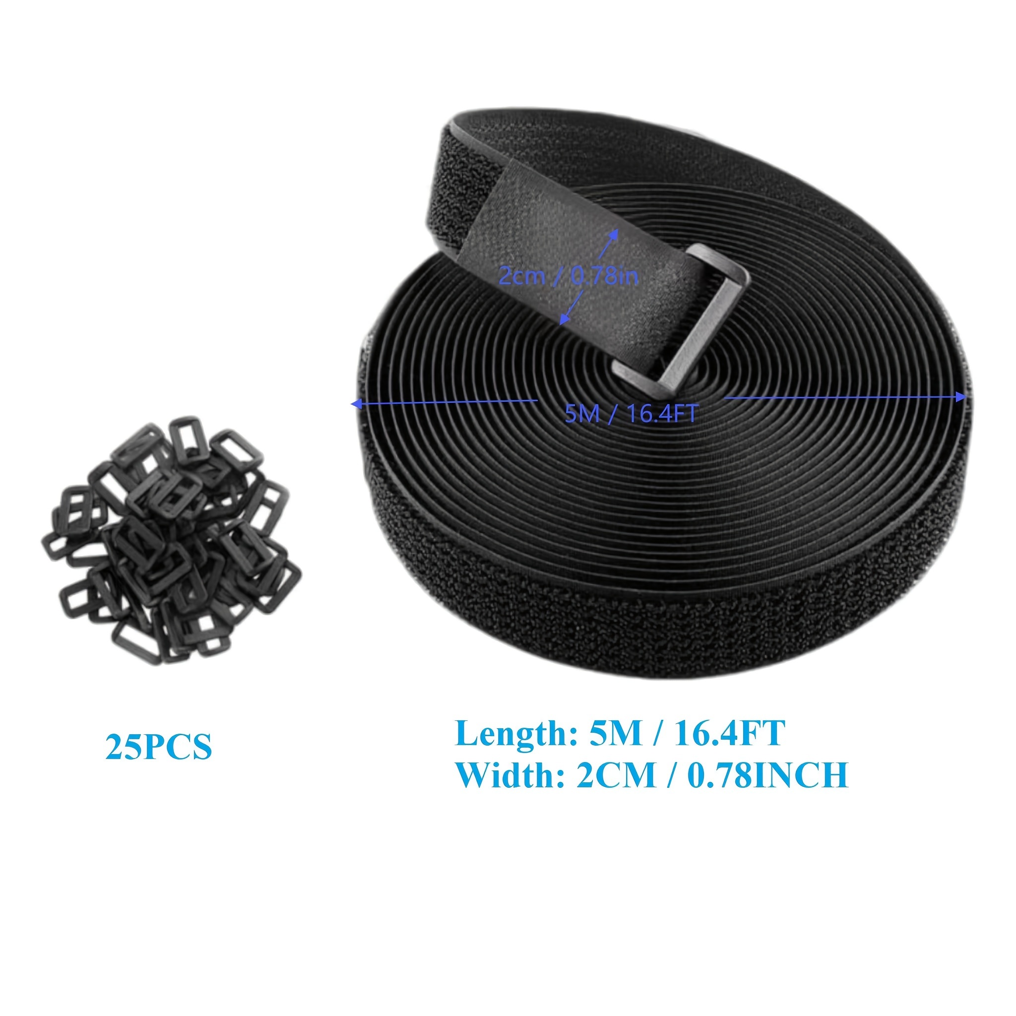 Sangle Scratch Réutilisable 5m X 2cm - 25 Boucles Incluses - Pour Rangement Câbles, Fixation - Adhésif Puissant Noir - 9