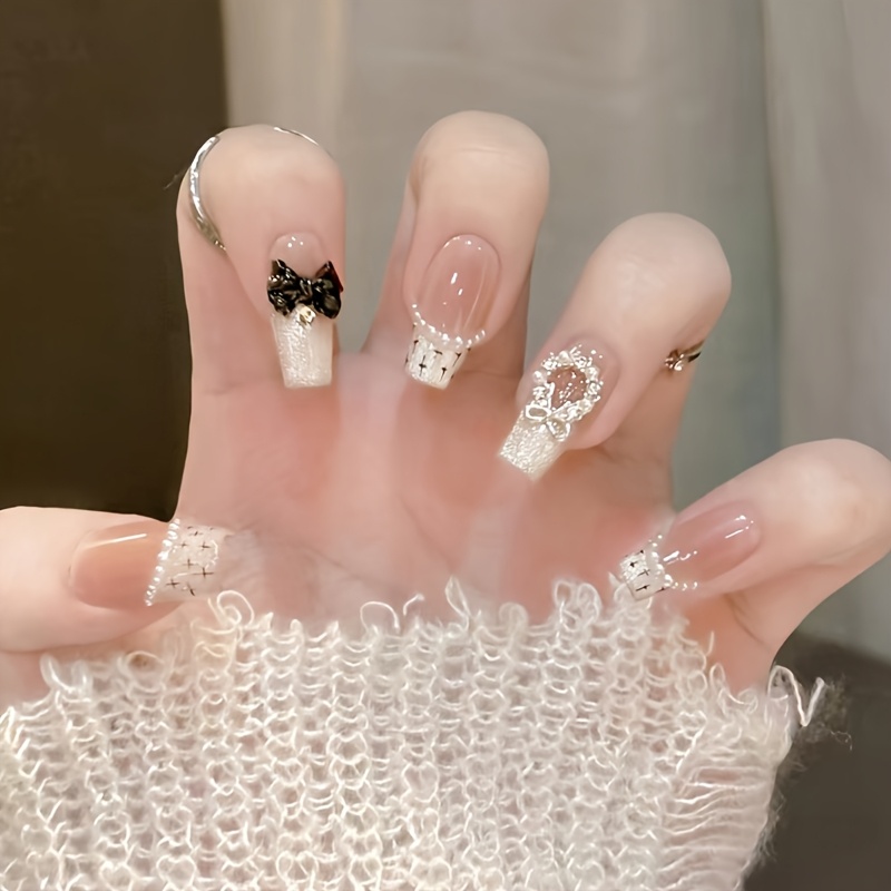 TEMU Small Fragrance Style Pearl Bow Braided Flashing French All-match Temperament Gentle European And American Detachable Nail Art