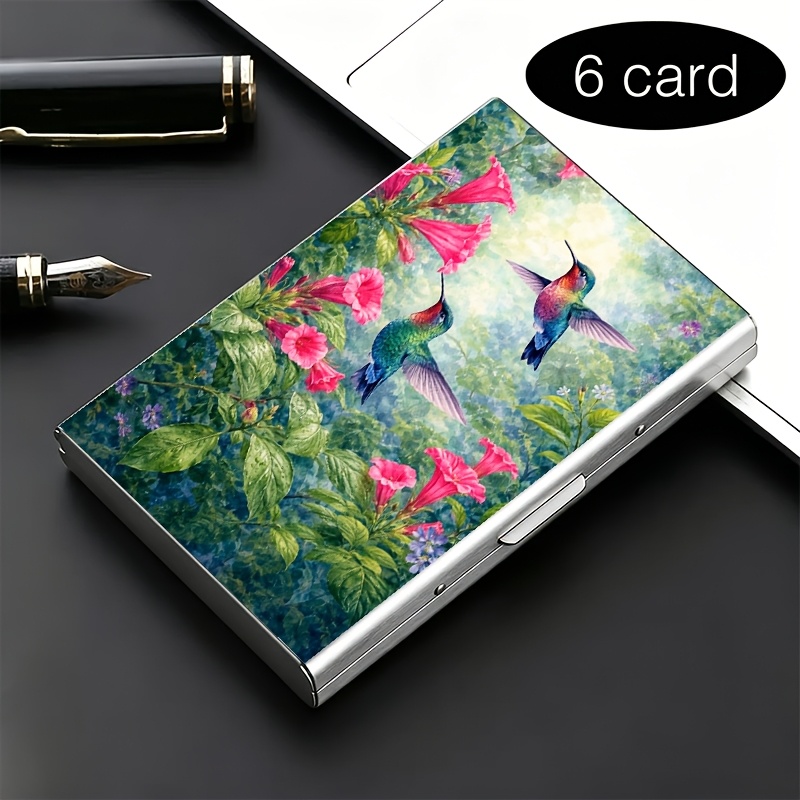 TEMU High-end Stainless Steel Rfid Anti-theft Card Holder– Hummingbird Flower Realistic Stylish Black Metal Wallet With Multi-compartment Design
