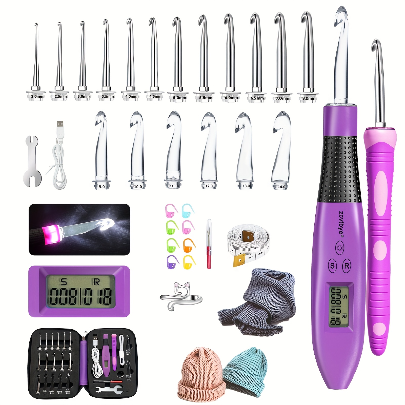 TEMU 18 Size Counting Light Up Crochet Hook, Digital Crochet Hooks Ergonomic With Counter, Lighted Metal Crochet Needle With Case