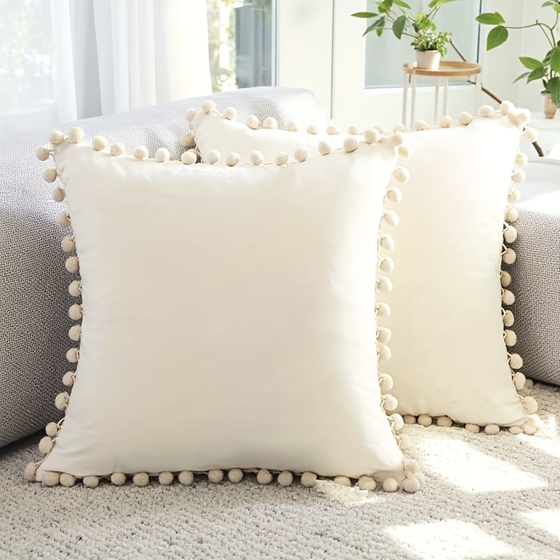 Image of 2pcs, Pink Velvet Decorative Pillow Covers With Pom Poms, For Light Luxury Sofa Bedroom Car, 18x18 Inch/45x45cm