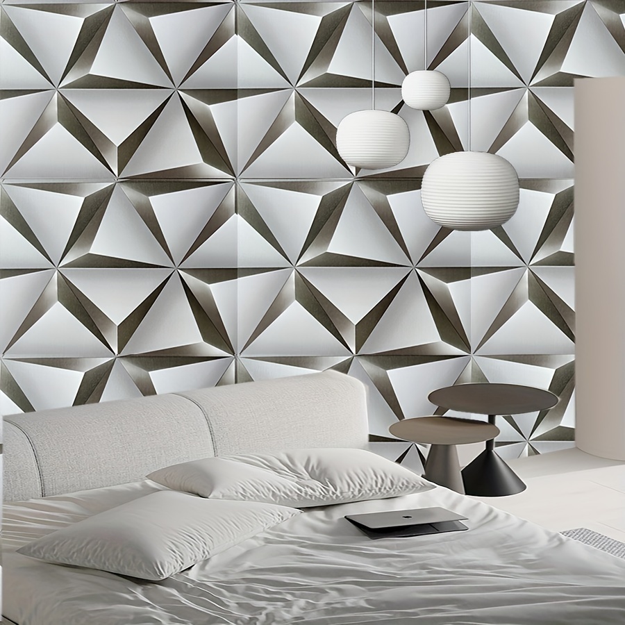 1 Roll of Grey 3D Geometric Self-Adhesive Vinyl Wallpaper, Detachable Shapes and Stripes Wall Covering, Waterproof and Stain-Resistant Wall Decor for Home Renovation and Live Streaming Background