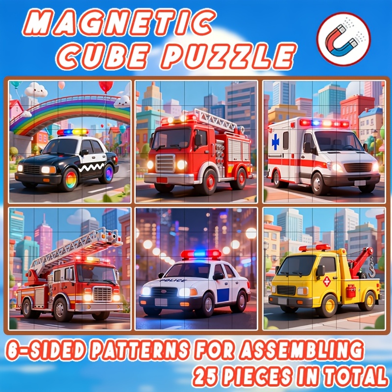 TEMU de puzzle cubiques magnétiques mignons véhicules de secours d', 25 pièces, ensemble de construction de puzzle 3D à 6 faces, jouet éducatif