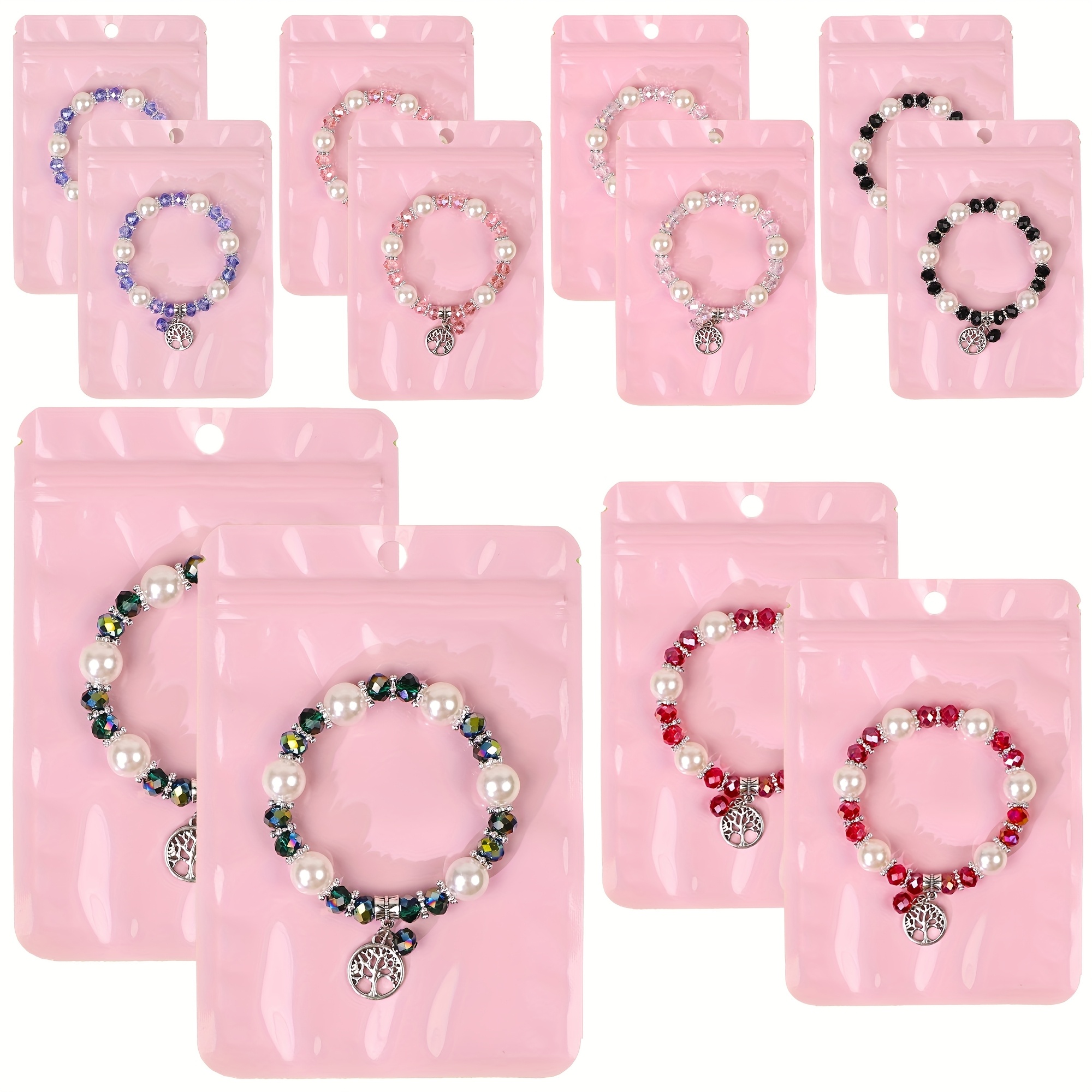 Image of 12pcs Of Cute-style Handmade Elastic Bracelets For Ladies, Made Of Glass Beads, Including 12 Pink Gift Bags. Suitable For Daily Wear, Make Gifts For Family, , , And .