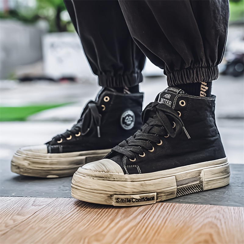 *'S High-Top Canvas Sneakers, Vintage Distressed Casual Sports Shoes  Versatile Footwear, Lace-Up Closure, Round Toe, Breathable Fabric L