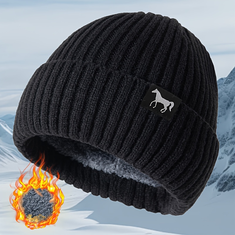 

Cozy Knit Beanie With Fleece - Windproof, For Winter Outdoor Activities Like Skiing, Fishing & Hiking - Elegant Horse Design, Black, Winter Clothes